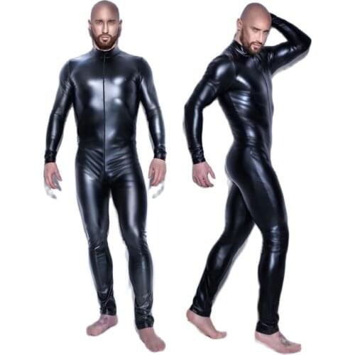 Plus Size Long Sleeve Bodycon Jumpsuit Bodystocking Men Sexy PU Catsuit Open Crotch Bodysuit Cospaly Bondage Hot Erotic Lingerie