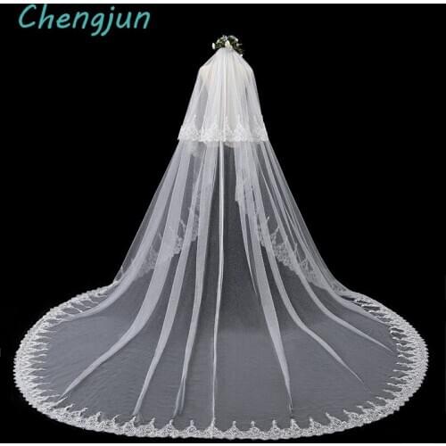 Chengjun Romantic 3.5 Meters Wedding Veils Long Ivory Sequin Tulle Lace Cathedral Wedding Veil Vintage Bridal Accessories