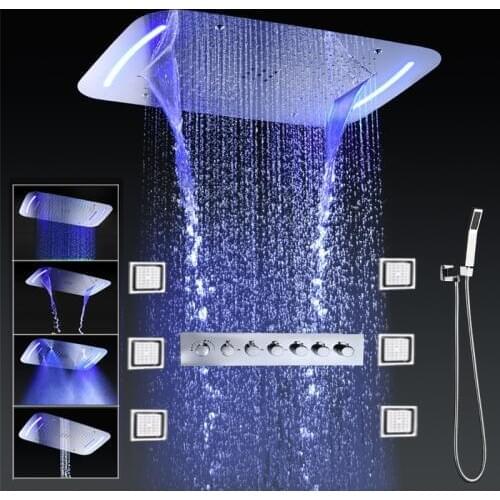 Luxury Thermostatic Shower Faucets Bathroom LED Ceiling Shower panel Multi Functions Rainfall shower head set Massage Body jets