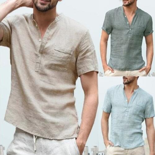 Fashion New Mens Slim Fit Linen Shirts Male Solid Color Cotton Linen Shirts Men Casual Short Sleeves Shirt