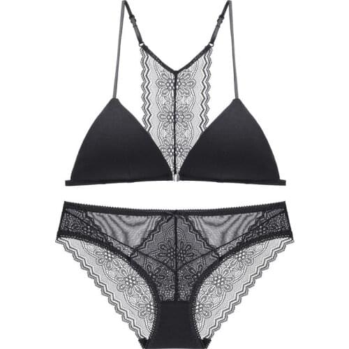 Sexy Front Closure Lace Backless Triangle Cup Bra with Padded Modal Lined Panty Set Underwear Wireless Girls Bra Women Lingerie