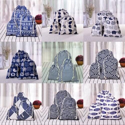 Geometric Grid Gray Drawstring Cotton Linen Storage Bag Gift Christmas Jewelry Organizer Makeup Cosmetic Coins Keys Bags 49068