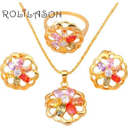 Gold Tone Earring Necklace Jewelry Set Ring Color Crystal Health Nickel & Lead free Sz #7 #7.75#7 #8.5 JS078