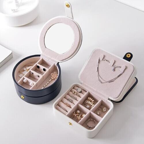 Portable Round Jewelry Box Faux Leather Jewellery Earrings Display Organizer Jewerly Storage Box 2020 New