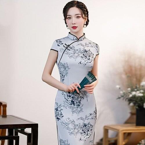 Vintage Grey Sexy Print Floral Qipao Chinese Traditional Mid Length Cheongsam Slim Wedding Party Dress Satin Large Size Vestidos