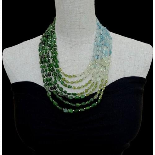Y·YING 7 Rows Natural Aquamarine Peridot Diospside Prehnite Small Nugget Fashion Statement Necklace For women
