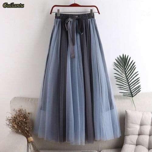 Guilantu Autumn New High Waist A- Line Long Skirt Women Fashion Contrast Color Harajuku Mesh Skirt Korean Style Vintage Skirt