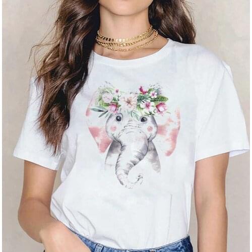Women Cartoon Casual Short Sleeve Floral Flower Elephant Lady T-shirts Top T Shirt Ladies Womens Graphic Female Tee T-Shirt