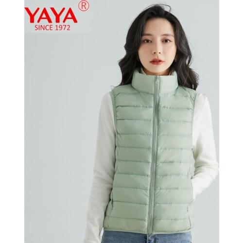 YAYA Women Puffer Jackets 2021 Spring Short Women Down Vest Stand Collar Casual Sleeveless Women Coat Ladies Parkas Padded Coat