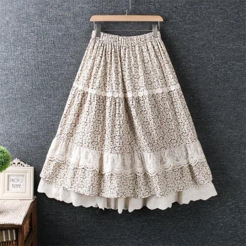 2021 New Spring Women Floral Print Skirt Japan Style Fresh Elastic Waist Lace Cotton linen Loose Skirts Women
