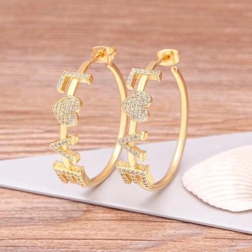 New Fashion LOVE Letter Earrings For Women Gold Color Crystal Hoop Copper Zircon Drop Circle Wedding Party Jewelry Best Gifts