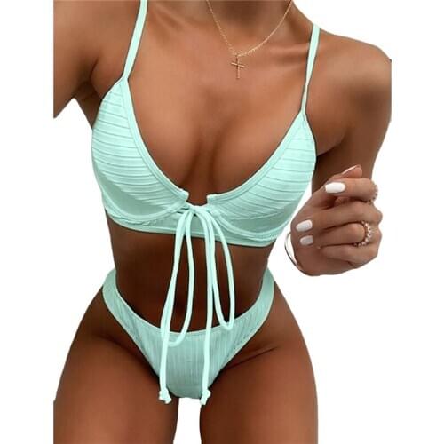 2021 Ladies Bikini Set Solid Color Padded Wire-Free Back Buckle Front Straps Bra Triangle High Waist Panty Swimming Suit Set
