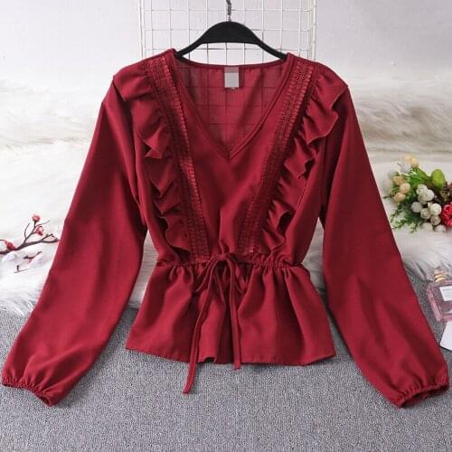 Drawstring Sash Ruffles Women Blouse V-Neck Lace Patchwork Vintage Blusa 2021 Spring Summer Solid Slim Fashion Tops Lady