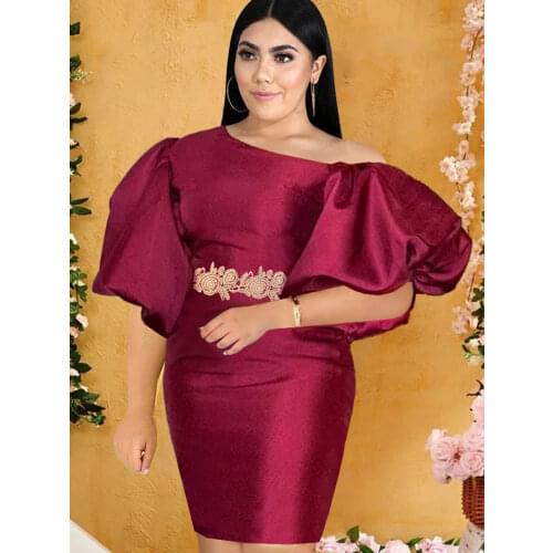 Bare Shoulder Puff Sleeve Dresses Plus Size Women Knee Length Burgundy Black Cocktail Evening Party African Gowns Dropshipping