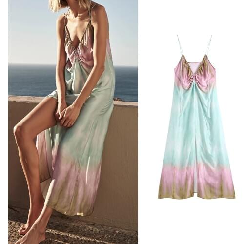 Women Tie Dye Sexy Vintage Dress Summer Za Fashion 2021 Elastic Trim Cami Dress Sleeveless Backless Chic Elegant Midi Vestidos