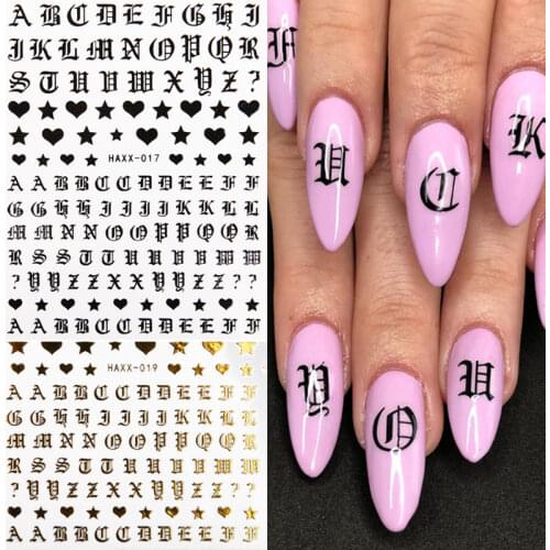 1pcs Old English Font Nail Art Stickers Gold Black White Letters Water Transfer Decals 3D Nail Decorations Sliders Manicure