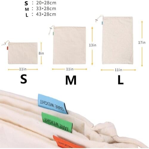 100pcs/lot Reusable Cotton Bag Drawstring Shopping Bags 20/33/43cm*28cm For Bulk Goods Tote Fruit Grocery Machine Washable