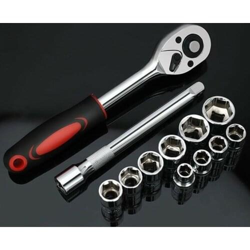 12pcs 1/4 10 Sockets Inch Ratchet Wrench Socket Set Hand Tool 2 Way Quick Released Ratchet Handle And Extension Bar