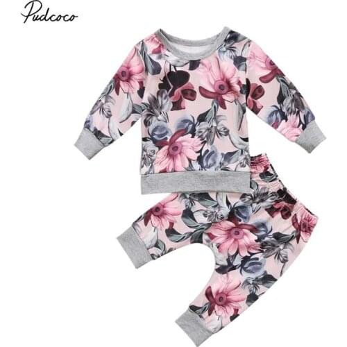 2019 Brand 2Pcs Kids Baby Girls Outfits Long Sleeve T-shirt Tops+Leggings Clothes Set Autumn Floral Cotton Clothing Tracksuit