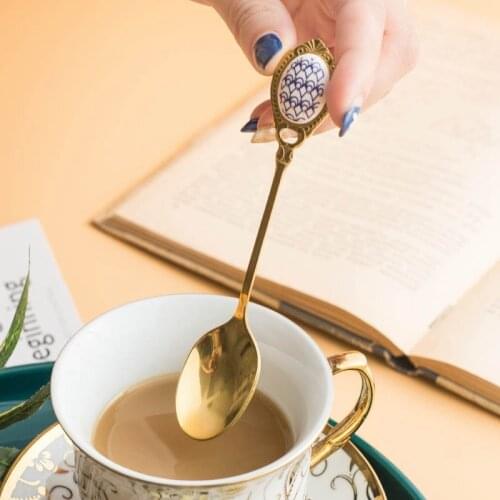 4PCS Stainless Steel Spoons Inlay Ceramic Handle Coffee Scoop Vintage Gold Color Dessert Spoon Elegant Cake Scoop