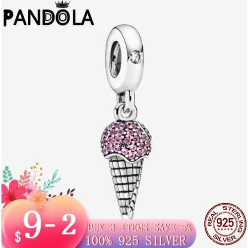 Authentic 925 Sterling Silver Pave Ice Cream Cone Dangle Charms Beads Fit Original Pandora Bracelet Necklace S925 Jewelry Gift