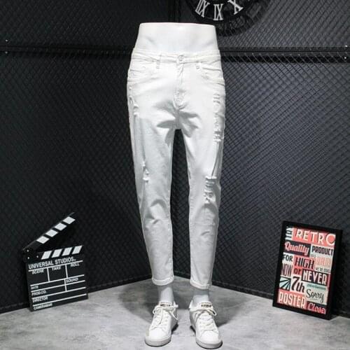 White Frayed Hole Jeans Men Stretch Slim Denim Pencil Pants Summer Preppy Style Zipper Casual Ankle-Length Pants Plus Size 42