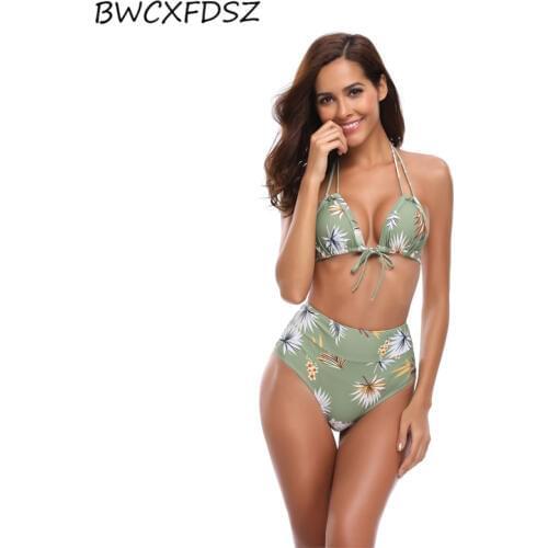 BWCXFDSZ Newest Bikini Biquini Beach Wear Swimsuit Swimwear Floral Print High Waist Bandage Halter Women Bathing Suit Swim Wear