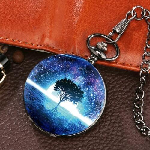 Starry Sky Tree Design Pocket Watch Retro Black Pendant Clock Quartz Full Hunter Pocket Clock Gifts Men Women reloj de bolsillo