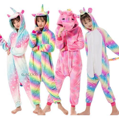 Kugurumi Kids Rainbow Stars Unicorn Pajamas For Children Onesie Cartoon Animal Panda Stitch Sleepwear Flannel Winter Baby Pijama