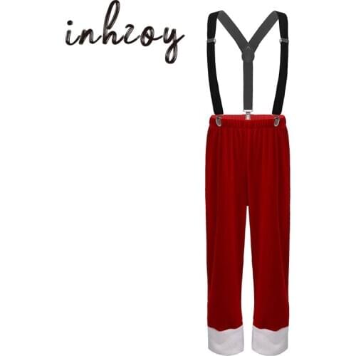 Kids Christmas Dress Up Velvet Long Pants with Braces Straps Children Boys Festival Party Santa Claus Elf Cosplay Xmas Costume
