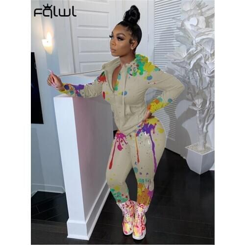 FQLWL Fall Streetwear Graffiti Long Sleeve 2 Two Piece Set Women Tracksuit Bodycon Elastic Zipper Hooded Ladies Outfits Female