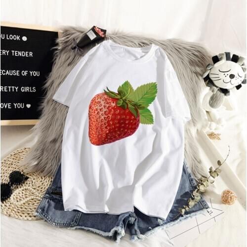Womens T-shirt cute strawberry apple funny printed T-shirt fashion casual white T-shirt Harajuku graphic T-shirt short sleeve