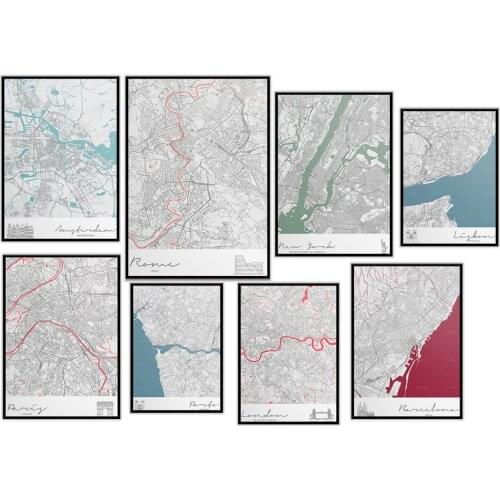 City Map, Portugal, London, Rome, Italy, Paris, Barcelona, Amsterdam, New York, Manhattan, New York Print Wall Art Canvas Painti