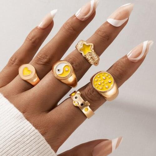 Docona 5pcs/set Fashion Star Heart Piggy Cute Rings for Women Yellow Dropping Oil Tai Chi Ring Set Girls Jewelry кольца 20020