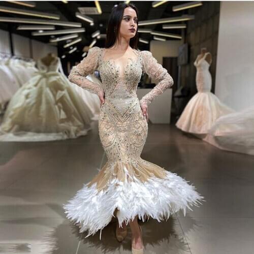 Royal Beaded Crystal Mermaid Prom Dresses See Thru Full Sleeves Feather Sexy Long Prom Gowns Elegant Formal Dresses