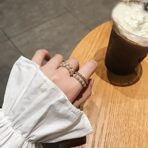 MENGJIQIAO Korean Fashion Luxury Rhinestone Adjustable Rings For Women Students Elegant Pearl Mid Finger Knuckle Rings Jewelry