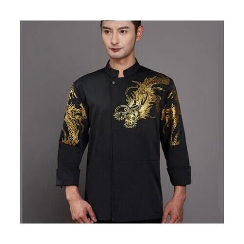 Men Embroidery Dragon Cook Uniform Long/short sleeve Kitchen Work Wear Mesh Patchwork Breathable Food Service Chef Jacket Apron