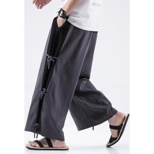 2020 Mens Summer Wide Leg Pants Cotton Linen Fashionable Casual Loose Trousers Drawstring Waist Straight Pants Large Size M-8XL