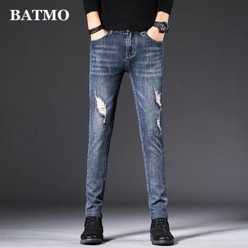 Batmo 2020 new arrival high quality casual slim elastic holes jeans men ,mens pencil pants ,skinny jeans men 1080