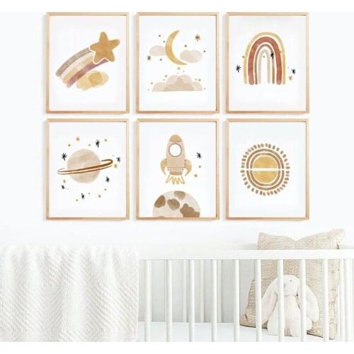 Nursery Wall Art Poster Sun Stars Moon Earth Posters And Prints Childrens Room Decoration Lovely Universe Picture For Kid Room