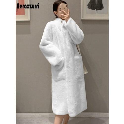 Nerazzurri Winter White Long Fluffy Faux Fur Coat Women 2021 Raglan Sleeve Pockets Luxury Oversized Korean Fashion Streetwear