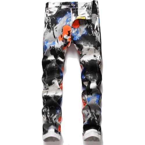 New Mens Male Slim Stretch Denim Printed Jeans Fashion Contrast Color Painted White Pants Trousers 5675