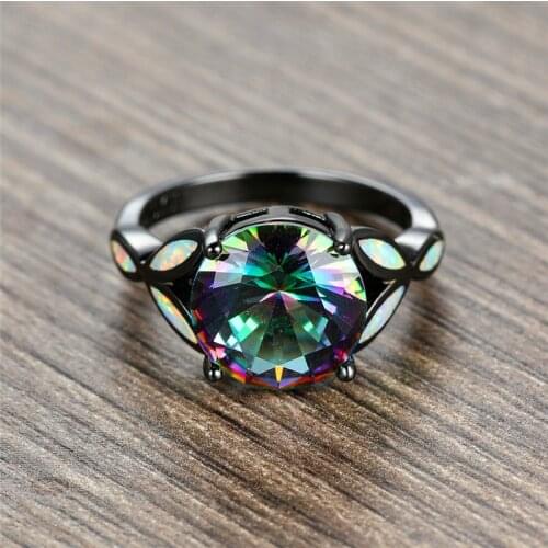 Charm Female Rainbow Colorful Big Round Ring Vintage Black Gold Wedding Rings For Women Promise White Fire Opal Engagement Ring