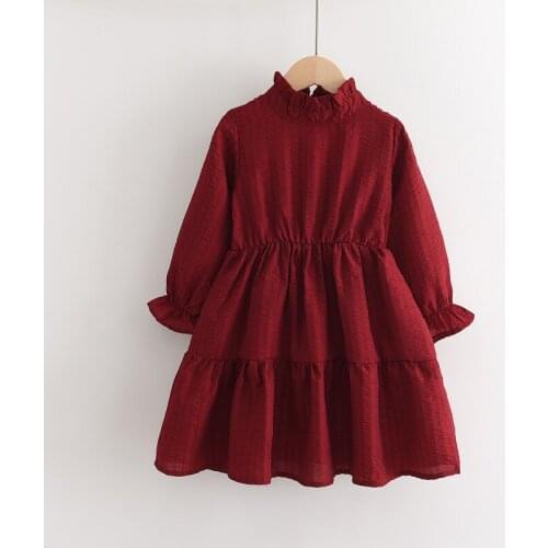 2021 Autumn Wine Red Summer Dress Girl Clothing Long Sleeve Prom Dress Children Clothes Girl Floral Dress For Girls For 3-8 Age