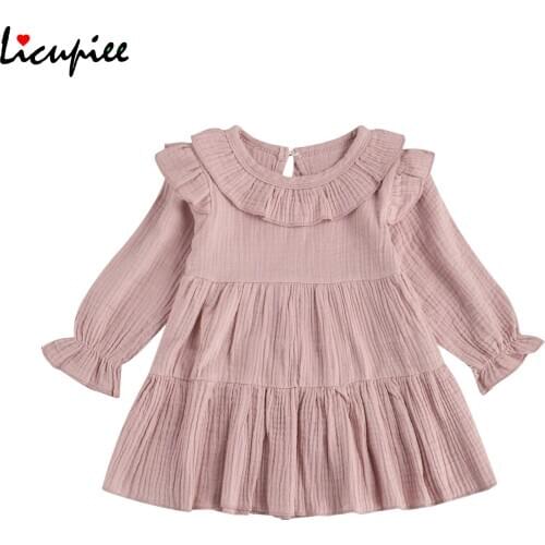 Toddler Baby Girl Fall Dress, Casual Long Sleeve Round Neck Solid Color Ruffle a Line Loose Dress 1-4 Years