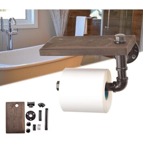 Rustic Bathroom Shelves Industrial Retro Iron Toilet Paper Holder Bathroom Hotel Roll Paper Tissue Hanging Rack Wooden Shelf