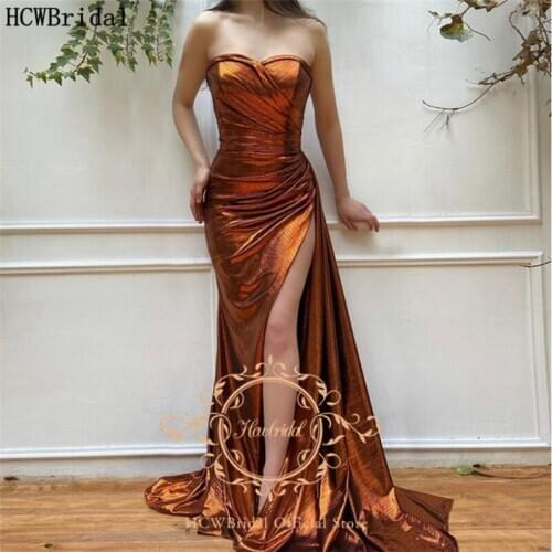 Sexy Mermaid Long Prom Dresses With High Slit Strapless Backless Shiny Wedding Party Dress Plus Size Women Evening Gowns Cheap