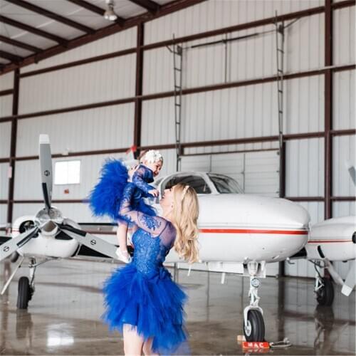 Blue Vintage Lace Mother Daugher Dresses Long Sleeve Knee Length Mom and Girls Birthday Celebration Tutu Dresses Custom