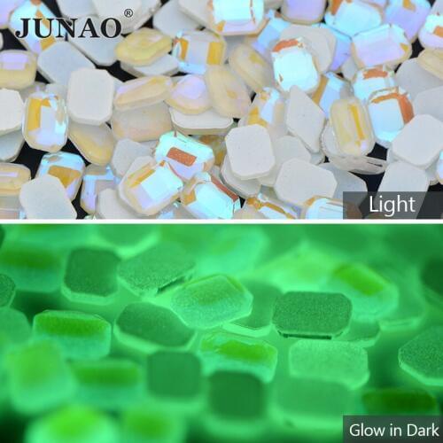 JUNAO 6X8mm Rectangle Luminous Glass Rhinestones Flatback Nail Crystal Diamond Glow In The Dark Glitter Strass Stone Decorations