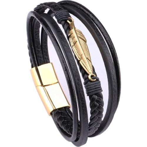 Vanbula Fashion Retro Multi-Layer Leather Rope Braided Geometric Feather Stainless Steel Mens Leather Rope Bracelet Jewelry